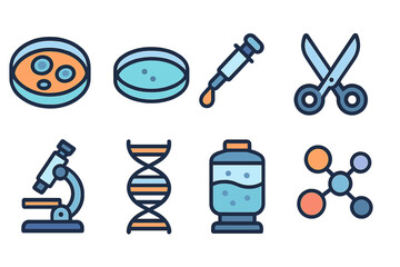 Scientific tools for biological research including petri dishes, microscopes, and DNA models in a laboratory setting