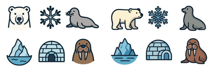 Animals and ice-themed illustrations showing polar bears, seals, and walruses in a winter environment with snowflakes and icebergs