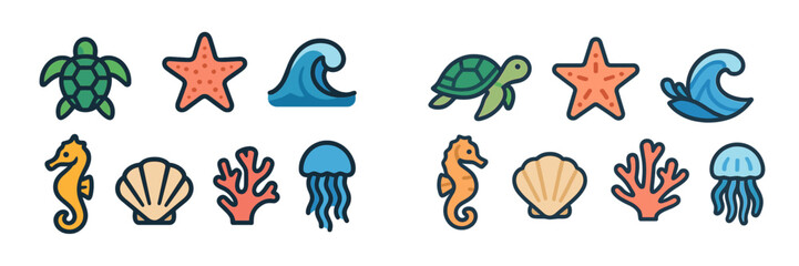 Colorful marine life illustrations featuring various sea creatures and ocean symbols from a nature-inspired design collection