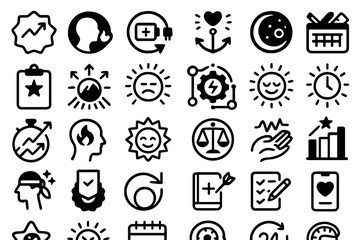 Set of icons representing well-being, health, progress, and time management.