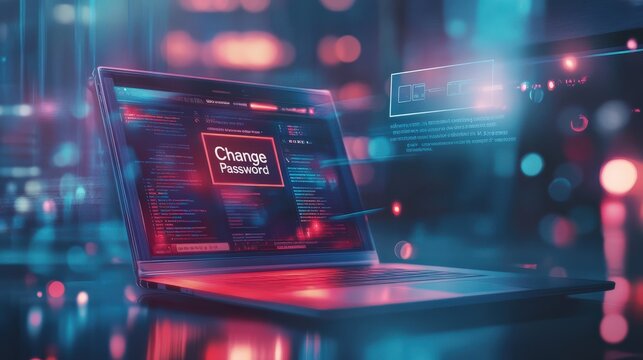Futuristic Laptop Interface with Change Password Alert Displayed in Neon Colors, Symbolizing Digital Security and Cyber Protection in Modern Technology Environment