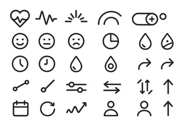 Dark-themed UI icon set featuring emotions, stats, toggles, drops, and arrows