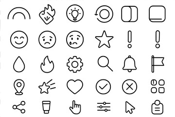Fototapeta premium A set of simple, clean line icons depicting various symbols such as emotions, tools, notifications, and social media elements.