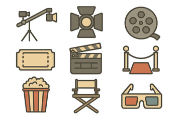 Elements of filmmaking including camera, clapperboard, lighting equipment, and popcorn in a studio setting with a cinematic theme