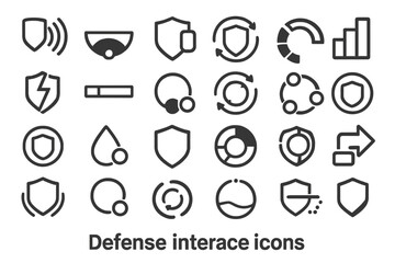 Dark UI icon set with shields, circular syncs, graphs, and protection symbols