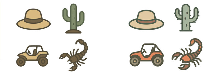 Illustrations of desert life featuring hats, cacti, off-road vehicles, and scorpions set against a sunny backdrop
