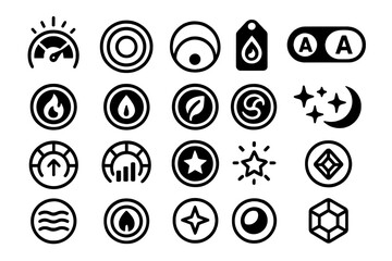 Dark-themed icon set with symbols for energy, elements, ratings, and interface toggles