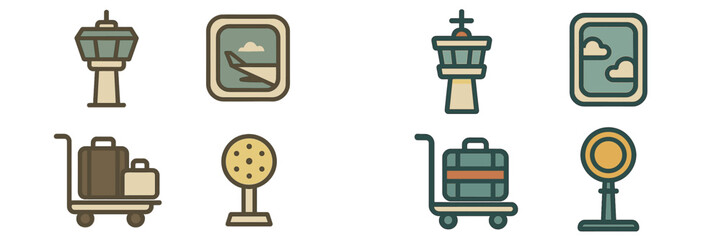 Icons representing airport facilities and services along with travel essentials for passengers during their journey