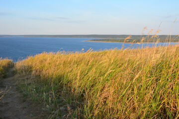 Golden Grasses and Serene Lake A Coastal Landscape at Sunset
