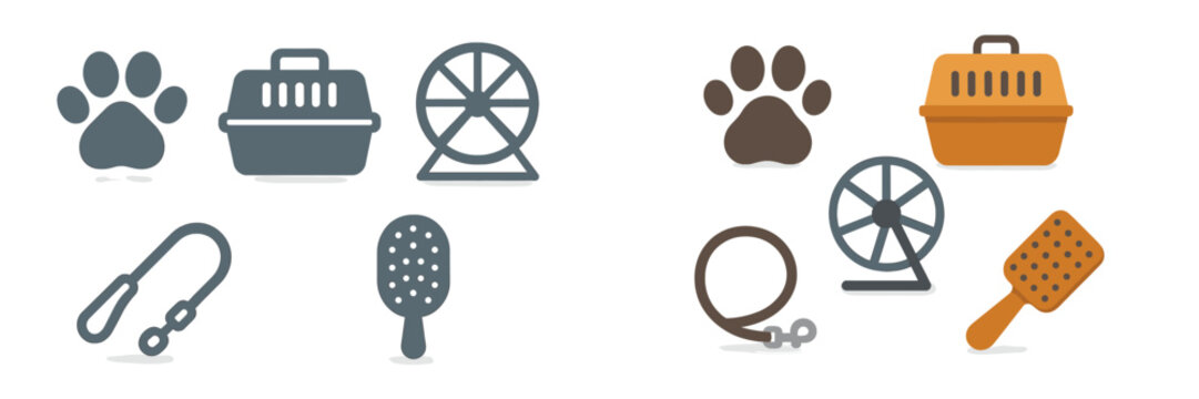 Items for pet care and companionship including carriers, toys, and grooming tools