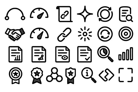 Dark UI icon set with symbols for links, speed, analysis, and reports