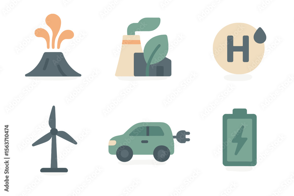 Poster visual representation of renewable energy sources and pollution in a stylized graphic design