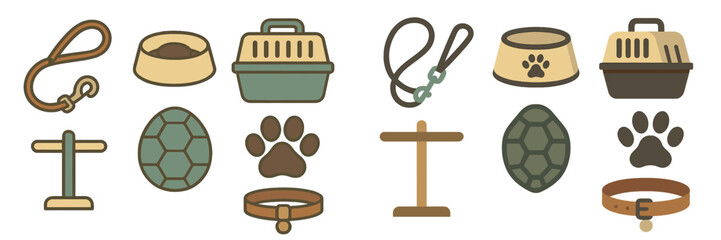 Pet care essentials including collars, leashes, food bowls, and carriers displayed in a flat design style