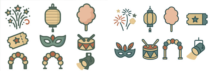 Colorful festival elements including lanterns, fireworks, and masks create a festive atmosphere for celebration events