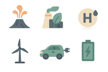 Visual representation of renewable energy sources and pollution in a stylized graphic design