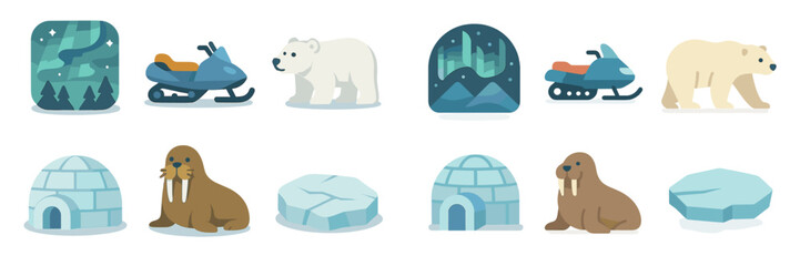 Exploring Arctic wildlife and activities with polar bears, snowmobiles, and walruses in a whimsical style