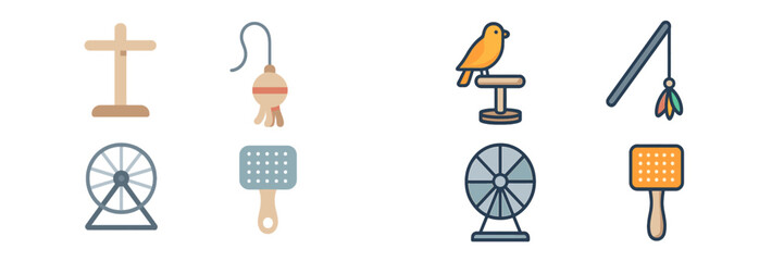 Decorative collection of bird accessories including stands, toys, and wheels displayed on a simple background