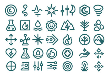 A collection of 32 abstract and elemental icons representing energy, nature, and science, including fire, water, air, and chemical symbols.