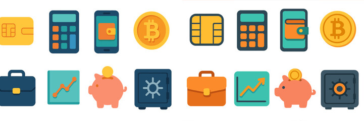 Digital currency icons representing modern finance and cryptocurrency with various tools and symbols