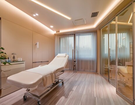 A high-end aesthetic clinic room with treatment bed, ambient lighting, soft beige tones, and frosted glass partitions
