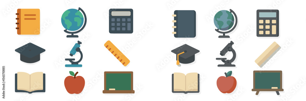 Poster educational tools and symbols representing a classroom setup with various academic elements for lear