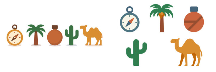 Exploring a desert oasis with camels, palm trees, and travel tools at sunset