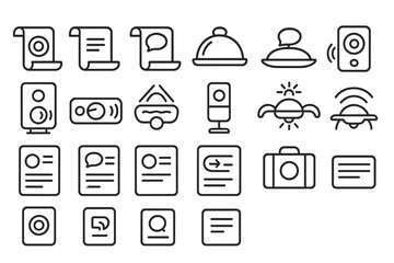 Set of icons representing communication, technology, and information, including scrolls, speakers, UFOs, and documents.