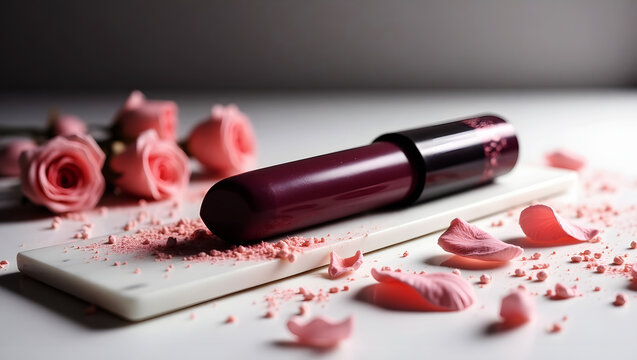 Elegant maroon lipstick with pink roses and petals on a white background ai generated