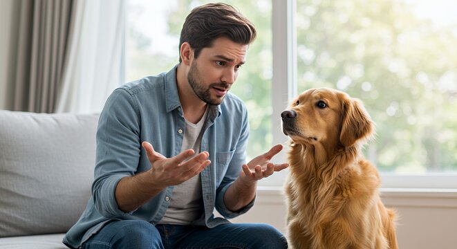 Man explains something to his attentive golden retriever, sitting on a couch near a window. - Powered by Adobe