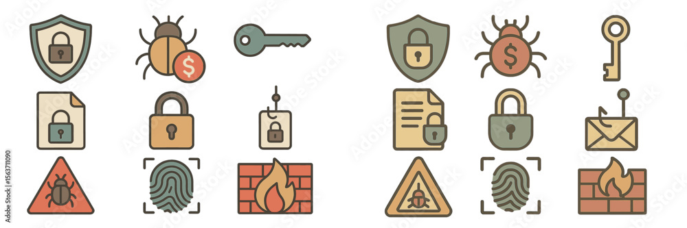 Poster security icons representing digital protection and cybersecurity concepts with various symbols relat