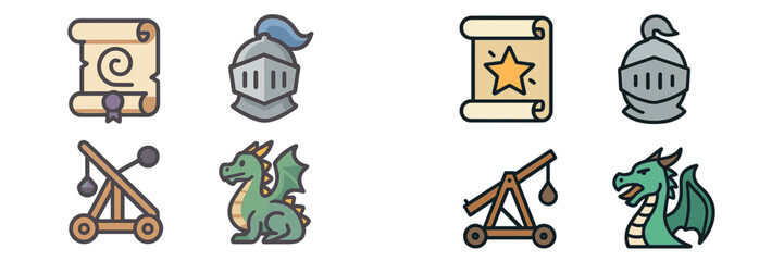 Enchanted illustrations featuring knights, dragons, and medieval inventions in a colorful design