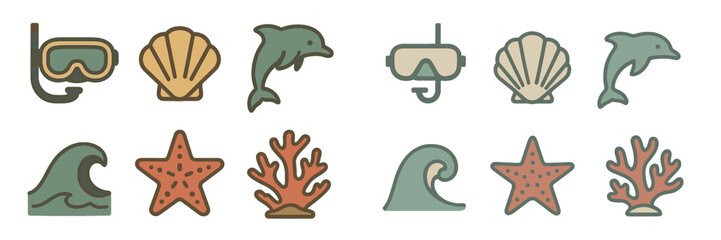 Colorful marine-themed icons featuring dolphins, snorkeling gear, and various sea life elements in a playful style
