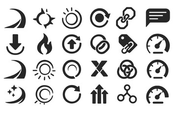 Dark themed UI icon set with symbols for power, flow, sync, and metrics