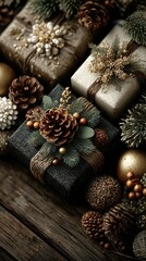 Rustic holiday gifts decorated with natural elements for a festive celebration