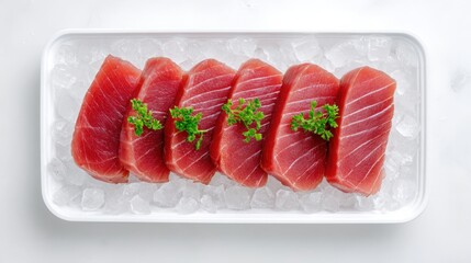 Freshly sliced tuna sashimi served on ice with garnishing herbs, ideal for culinary presentations