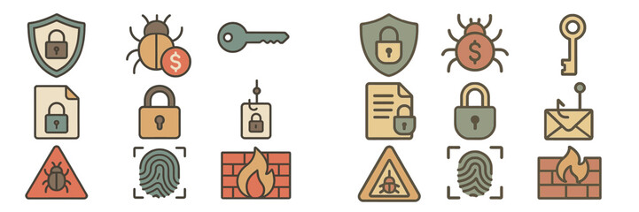 Security icons representing digital protection and cybersecurity concepts with various symbols related to safety and threat detection