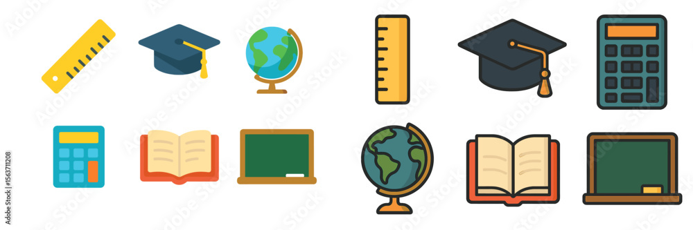 Poster educational icons depicting tools for learning and study in a modern classroom setting with various 