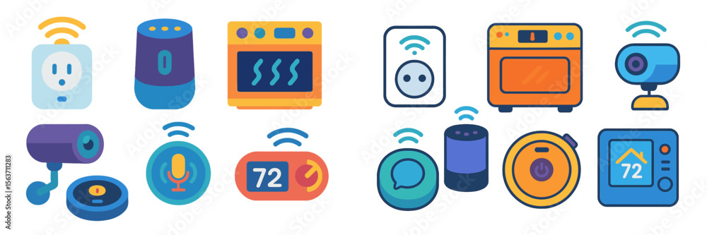 Poster smart home devices and technology icons representation showcasing various functionalities and connec