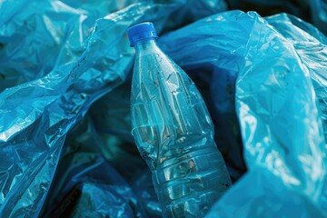 Vibrant Picture of Empty Plastic Bottle in Blue Garbage Bag at Outdoors