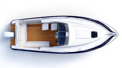 Aerial view of a sleek motorboat interior featuring wooden flooring and modern seating