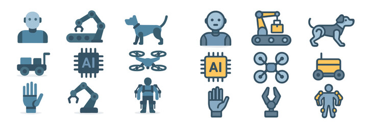 Various icons representing technologies and AI concepts showcasing robots, drones, and animals in a modern design