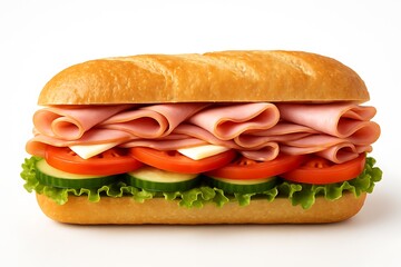 Ham and swiss submarine sandwich isolated on white background
