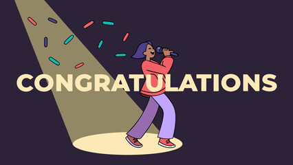 Vector 3D Congratulations Lettering on Stage with Spotlight and Confetti in Festive Celebration Scene