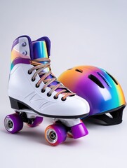 Colorful roller skate and helmet set against a clean background, showcasing vibrant design