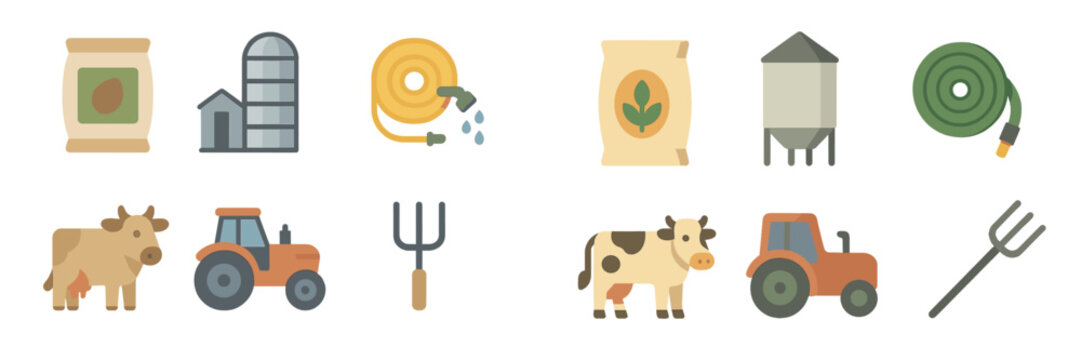 Various agriculture and farming icons illustrating essential tools and elements of rural life on a farm