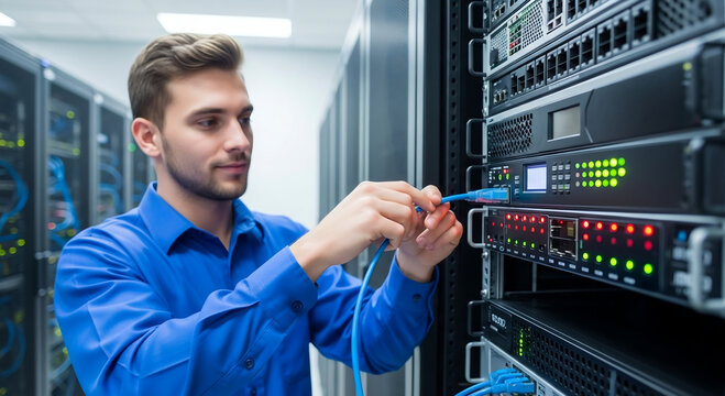 Computer technician connects network cables in server room. Man works with server equipment, fixes computer problems. Data center, internet, support, network engineer job, data protection, cyberspace.