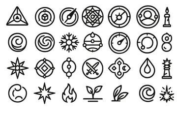 A set of intricate abstract vector icons, featuring symbols like spirals, snowflakes, swords, flames, and a plant, arranged in a grid pattern against a dark metallic background.