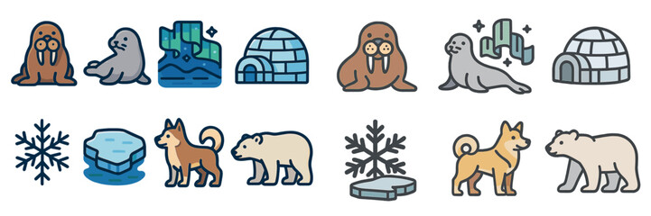 Cute arctic animals in a cold environment with igloos and northern lights in a playful illustration