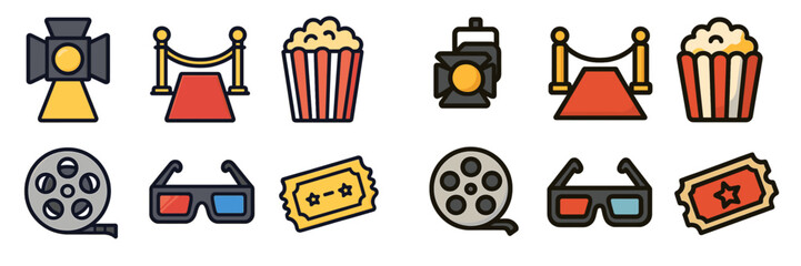 Colorful movie-themed icons featuring red carpet, popcorn, and film equipment set against a white background