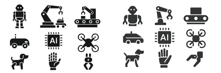 Icons illustrating robotics and artificial intelligence concepts in a modern context with various applications